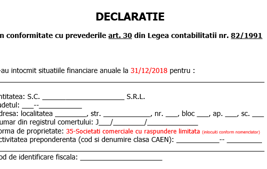 Declarație în conformitate cu prevederile art. 30 din Legea contabilității nr. 82/1991 (dosar bilanț 31.12.2018) – model 2019