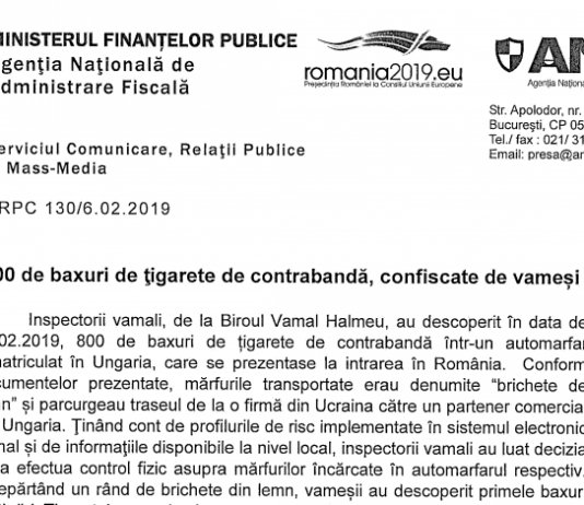 ANAF (oficial) – 800 de baxuri de țigarete de contrabandă, confiscate de vameși