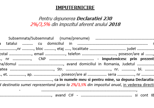 Model împuternicire pentru depunerea Declarației 230 (2019) – model orientativ (gratuit și editabil)