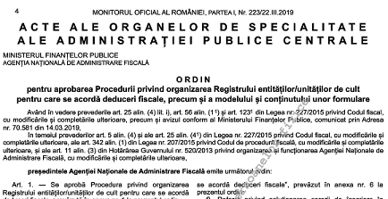 OPANAF 819/2019 – Registrul entităților/unităților de cult pentru care se acordă deduceri fiscale (Form. 163-167)