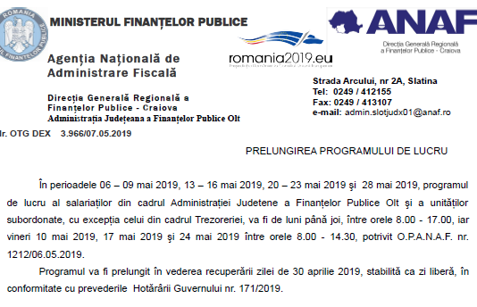 OPANAF nr. 1212/06.05.2019 – prelungirea programului de lucru al salariaților din ANAF