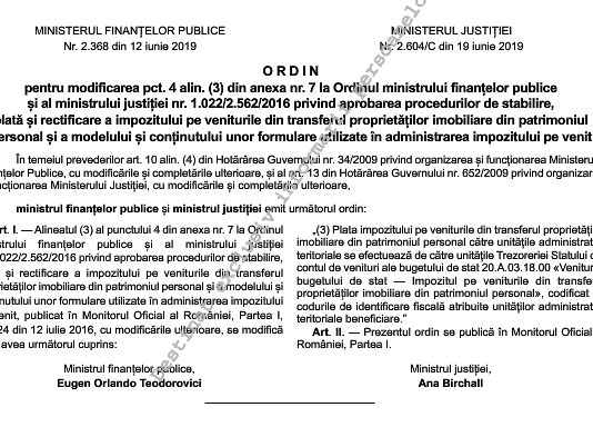 OMFP 2368/2019 – modificare OMFP și OMJ 1022/2562/2016 (impozit pe veniturile din transferul proprietăților imobiliare)