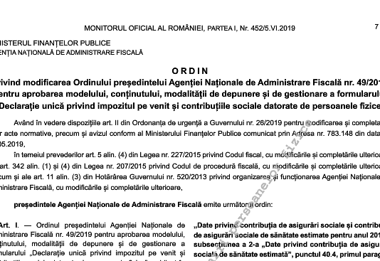 Care sunt modificările aduse Declarației Unice – de către Ordinul Președintelui ANAF nr. 1437/2019 (oficial)