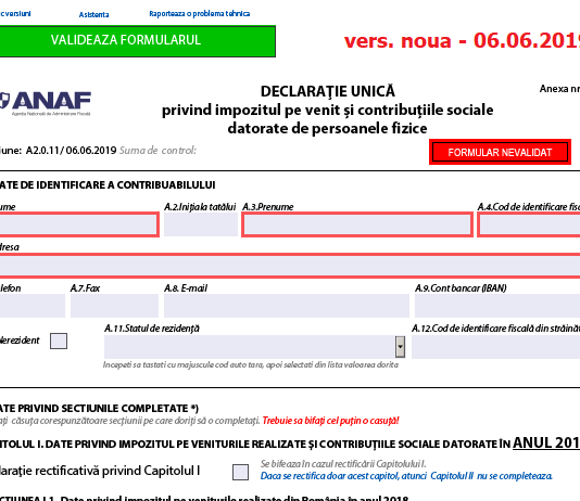 Declarația Unică (ANAF 2019) – actualizare nouă la PDF-ul inteligent (vers. A 2.0.11 – conform OPANAF 1437/2019)