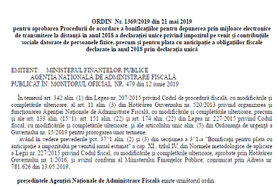 OPANAF 1369/2019 – procedură acordare bonificații pentru obligațiile aferente anului 2018 (declarate prin declarația unică)