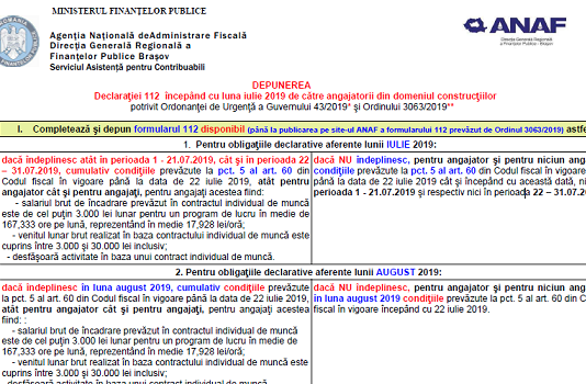 Depunerea Declarației 112 începând cu luna IULIE 2019 de către angajatorii din domeniul construcțiilor potrivit OUG 43/2019 si OMFP 3063/2019
