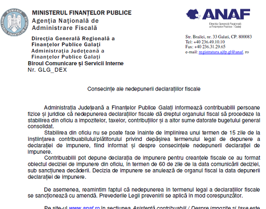 Consecințe ale nedepunerii declarațiilor fiscale – info ANAF (2020)