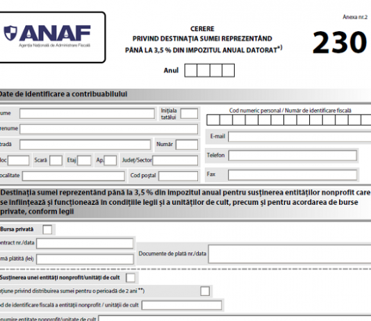 Declarația/Formular 230 – cerere privind destinația sumei reprezentând până la 3,5% (info, model, termene – valabile pentru 2020)
