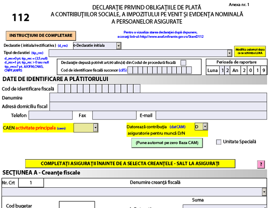 Declarația 112 (ANAF 2020) – actualizare nouă ieri, 10.01.2020, la PDF-ul inteligent (corecție preluare creanțe)