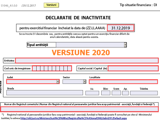 Declarație de inactivitate 2020 (S1046) – ANAF a publicat azi PDF-ul inteligent (pentru entități care nu au desfășurat activitate în 2019)