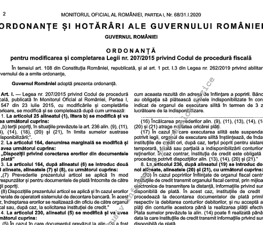 OG nr. 5/2020 – modificarea și completarea Legii nr. 207/2015 privind Codul de Procedură Fiscală