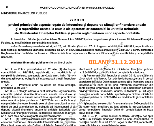 OMFP nr. 3781/2019 – întocmirea și depunerea situațiilor financiare anuale și a raportărilor contabile anuale la 31.12.2019 (bilanț)