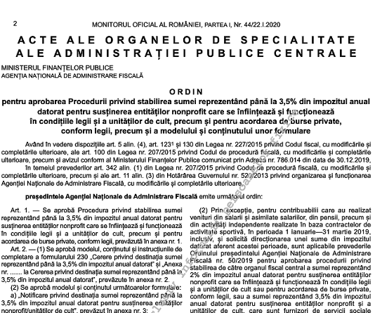 OPANAF nr. 147/2020 – procedură 3,5% din impozitul anual datorat pentru susținerea entităților nonprofit și a unităților de cult (D 230)