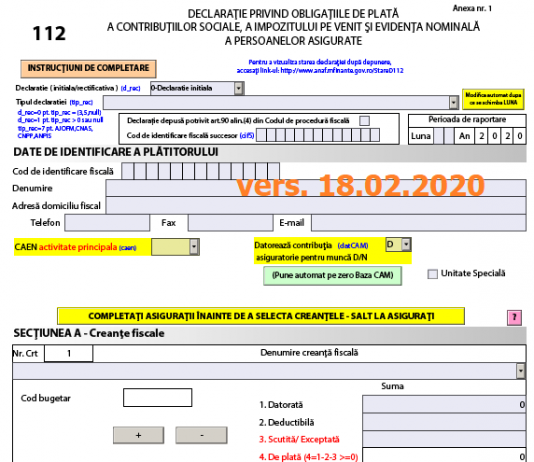 Declarația 112 (ANAF 2020) – actualizare nouă azi, 18.02.2020, la PDF-ul inteligent (creanțe unități speciale)