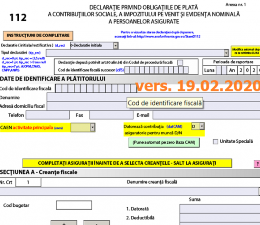 Declarația 112 (ANAF 2020) – actualizare și în data de 19.02.2020, la PDF-ul inteligent oficial