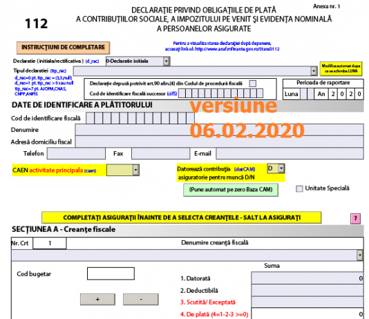 Declarația 112 (ANAF 2020) – actualizare și azi, 06.02.2020, la PDF-ul inteligent (buton completare secțiune F1 ANGAJATOR)