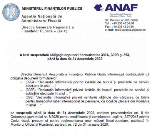 ANAF (oficial) – a fost suspendată obligația depunerii formularelor 392A, 392B și 393