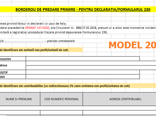Depunerea mai multor Declarații/Formulare 230 la MFP/ANAF – model borderou de predare/primire (orientativ 2020)