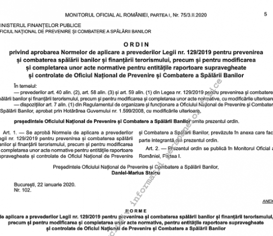 Ordin ONPCSB nr. 102/2020 – aprobarea Normelor de aplicare a prevederilor Legii nr. 129/2019 (spălare bani)