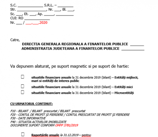 Adresă de înaintare, pentru depunere bilanț la 31.12.2019 (la ghișeu) – model editabil și gratuit (2020)