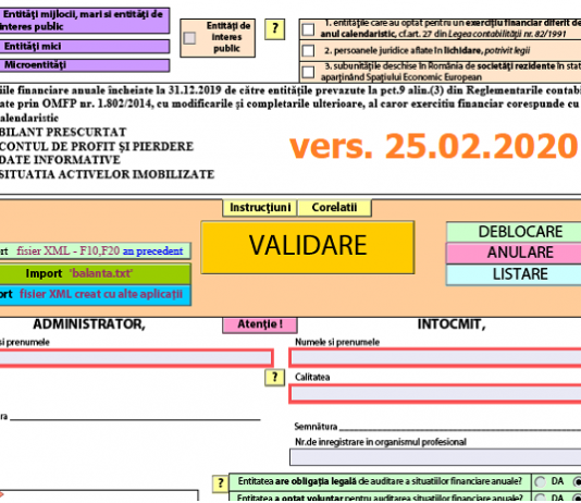Bilanț la 31.12.2019 (ANAF) – actualizare azi, 25.02.2020, la PDF-ul inteligent oficial (valabil 2020)
