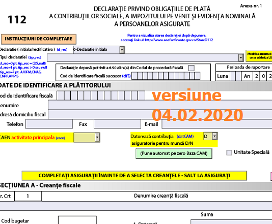 Declarația 112 (ANAF 2020) – actualizare azi, 04.02.2020, la PDF-ul inteligent oficial (corecție plafon 01/2020 calcul câmp D_17)