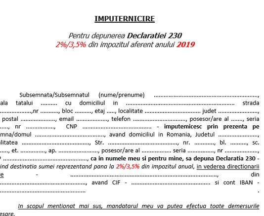 Model împuternicire pentru depunerea Declarației 230 în 2020 – model orientativ (gratuit și editabil)