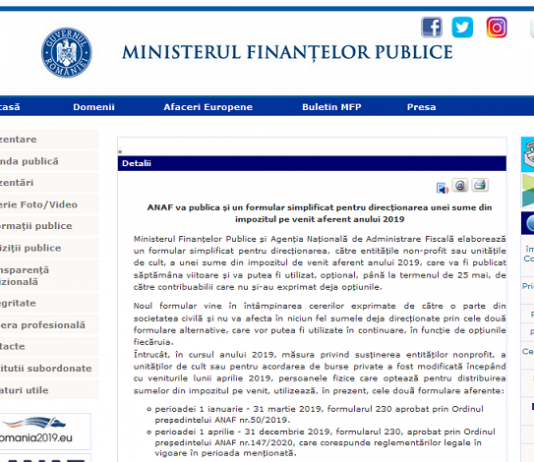 NEWS – formular simplificat (F 230) pentru direcționarea unei sume din impozitul pe venit aferent anului 2019