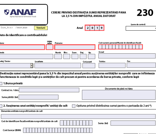 Declarația/Formular 230 – ANAF a publicat noul PDF inteligent necesar generării (model valabil 2020)