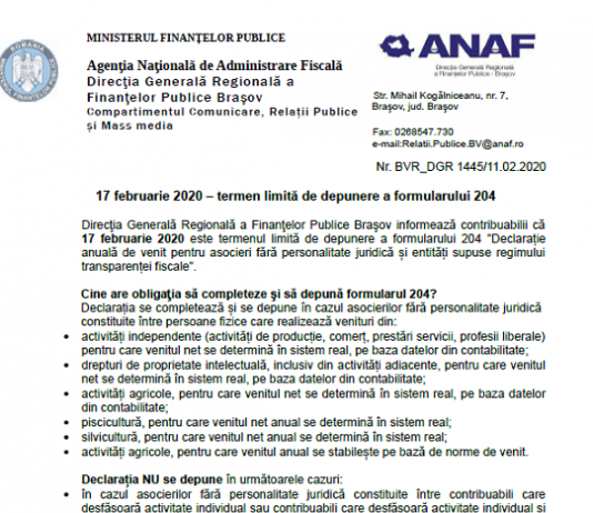 Care este termen limită de depunere a formularului 204 – info oficial