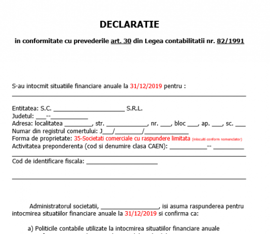 Declarație în conformitate cu prevederile art. 30 din Legea contabilității nr. 82/1991 (dosar bilanț 31.12.2019) – model 2020