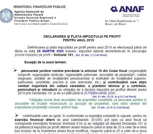 Care este termenul de depunere pentru D 101 în anul 2020 – declararea și plata impozitului pe profit pentru anul 2019 (info)