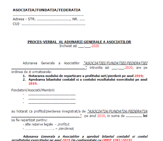 Proces-Verbal Adunare Generala Asociați ONG (model orientativ 2020) – dosar bilanț la 31.12.2019