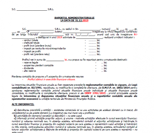 Raport administrator pentru bilanț/situații financiare la 31.12.2019 – model 2020 (orientativ, editabil, gratuit)