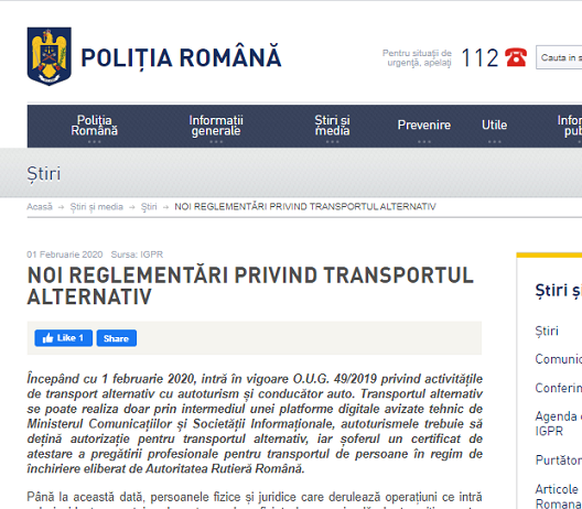 Noi reglementări pentru transportul alternativ (Uber, Bolt, Yango, Clever) – valabile din 01.02.2020