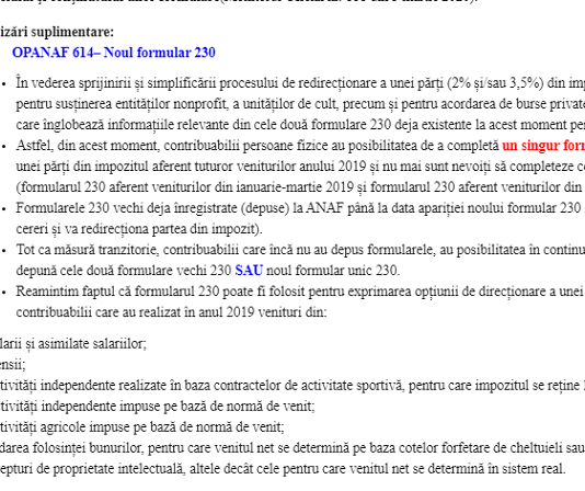 Ce modificări au fost aduse Declarației/Formularului 230 – de către OPANAF 614/2020 (oficial)