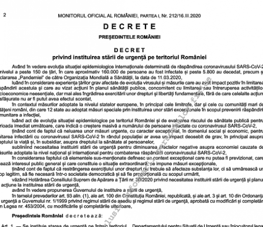 Decretul nr. 195/2020 – privind instituirea stării de urgență pe teritoriul României
