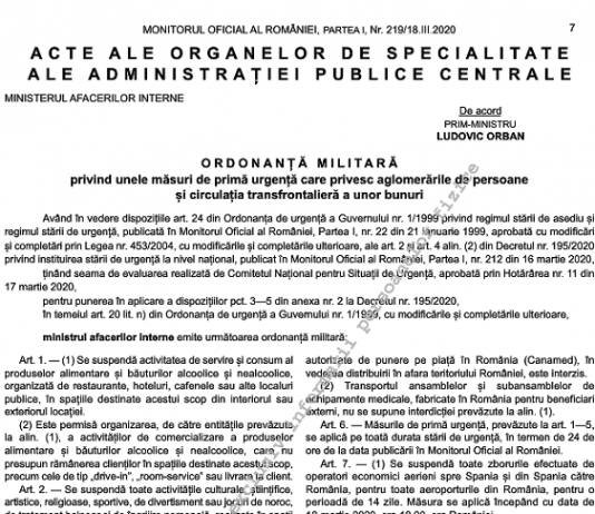Ordonanța Militară MAI nr. 1/2020 – măsuri care privesc aglomerările de persoane (închidere bar, restaurant, saloane înfrumusețare, etc)