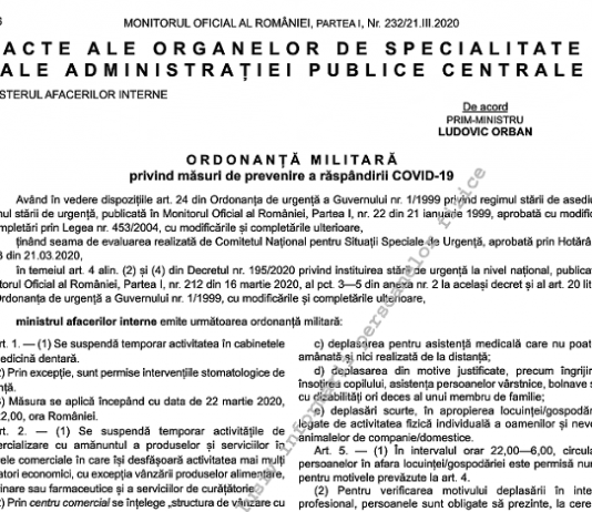 Ordonanța Militară nr. 2/2020 – măsuri de prevenire a răspândirii COVID-19 (închidere mall-uri, restricții circulație, etc.)