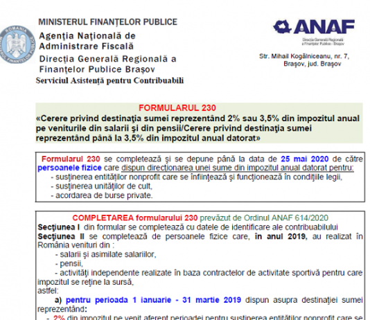 Completarea și depunerea F. 230 (pe cele 2 perioade) – după intrarea în vigoare a OPANAF nr. 614/2020