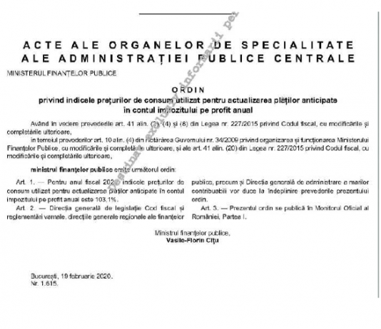 OMFP nr. 1615/2020 – indice plăți anticipate impozit pe profit (info și text integral)