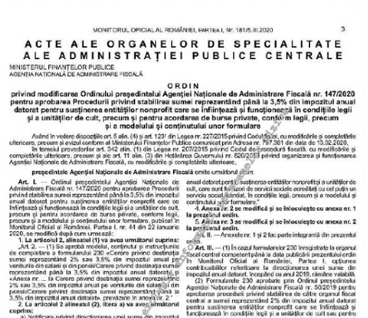 OPANAF 614/2020 – noul Formular 230 (3,5% din impozitul anual datorat pentru susținerea entităților nonprofit)