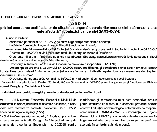 Ordin Min. Economiei, Energiei și Mediului de Afaceri nr. 791/2020 – acordarea certificatelor de situații de urgență