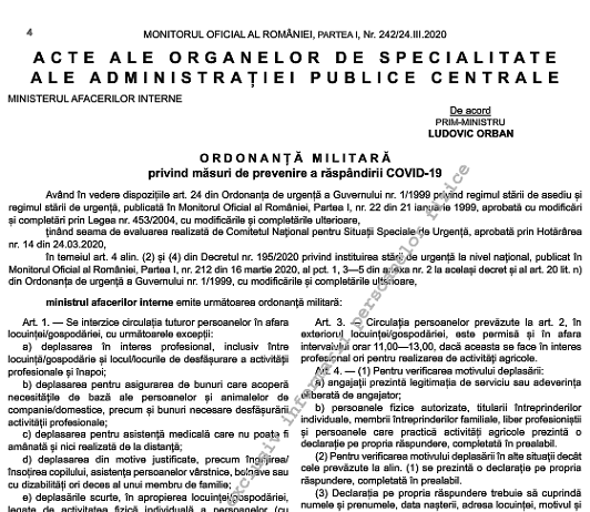 Ordonanța Militară MAI nr. 3/2020 – privind măsuri de prevenire a răspândirii COVID-19