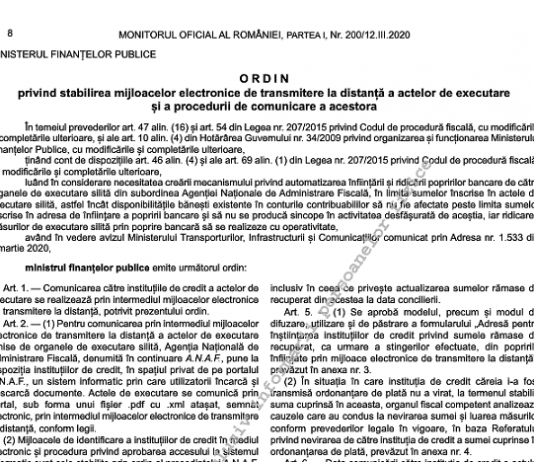 OMFP nr. 1665/2020 – stabilirea mijloacelor electronice de transmitere la distanță a actelor de executare și a procedurii de comunicare a acestora