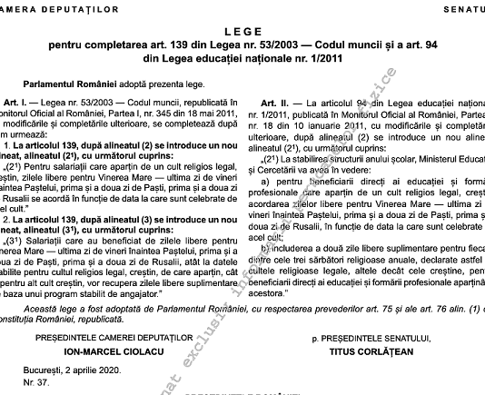 Legea nr. 37/2020 – modificare Codul Muncii (art. 139) și Legea Educației Naționale (art. 94)