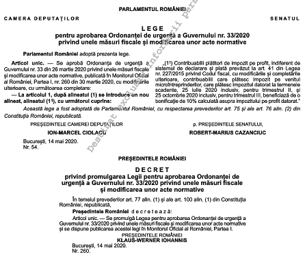 Legea nr. 54/2020 – bonificație 10% pentru cei ce plătesc la timp impozit profit și impozit micro (pentru Trim. 2 și Trim. 3 – 2020)