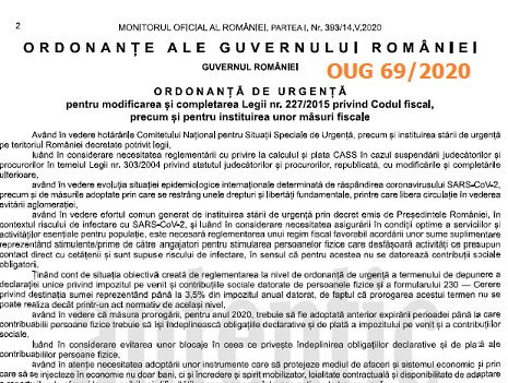 OUG nr. 69/2020 – modificări Cod Fiscal (bonificații DU, prorogare termen DU la 30.06.2020, amnistie fiscală accesorii)
