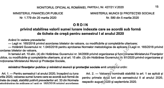 OMFP nr. 1779/2020 – valoare tichete de creșă pentru semestrul I al anului 2020