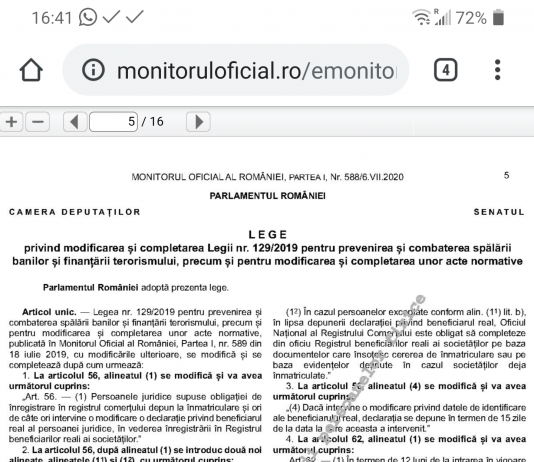 Legea nr. 108/2020 – eliminare obligatie „Declaratie beneficiar real” pentru multe SC